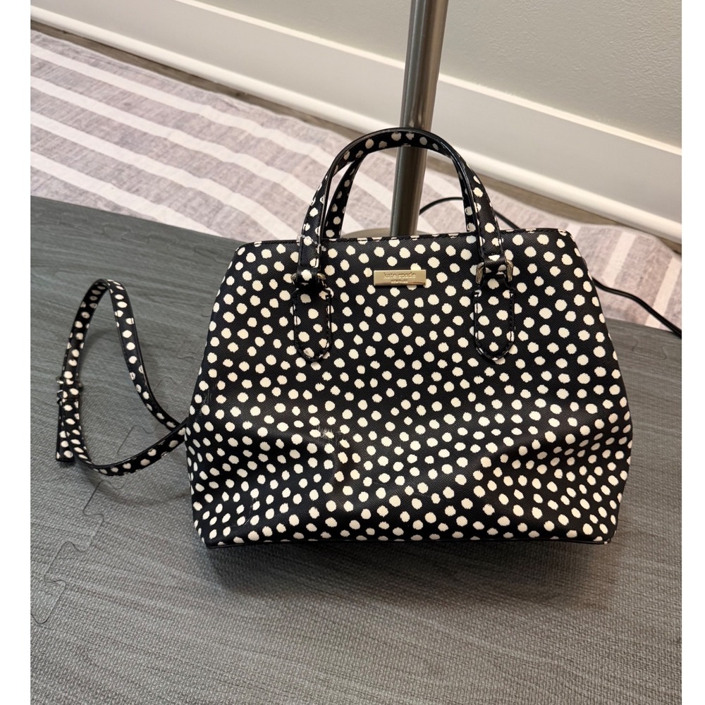 Kate Spade New York Black White Polka Dot Saffiano Leather Satchel Crossbody Bag